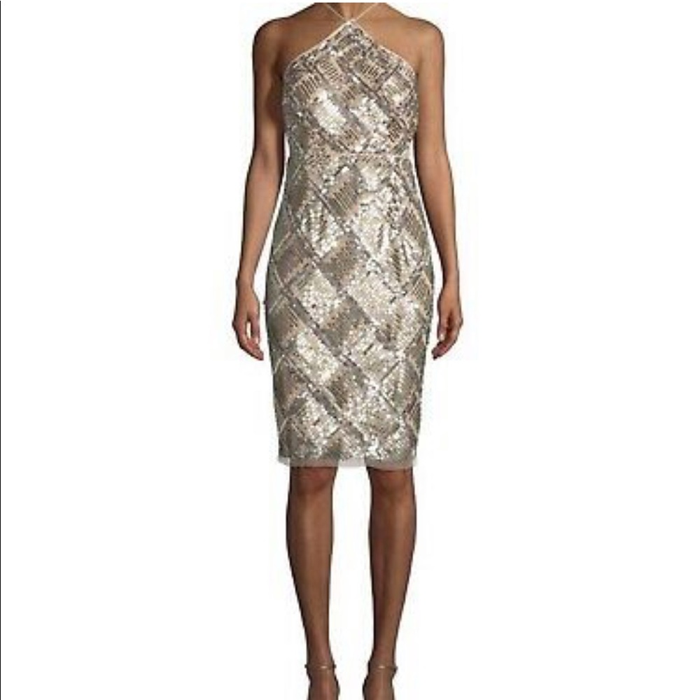 Aidan Mattox Grid Sequined Halter Cocktail Dress-6